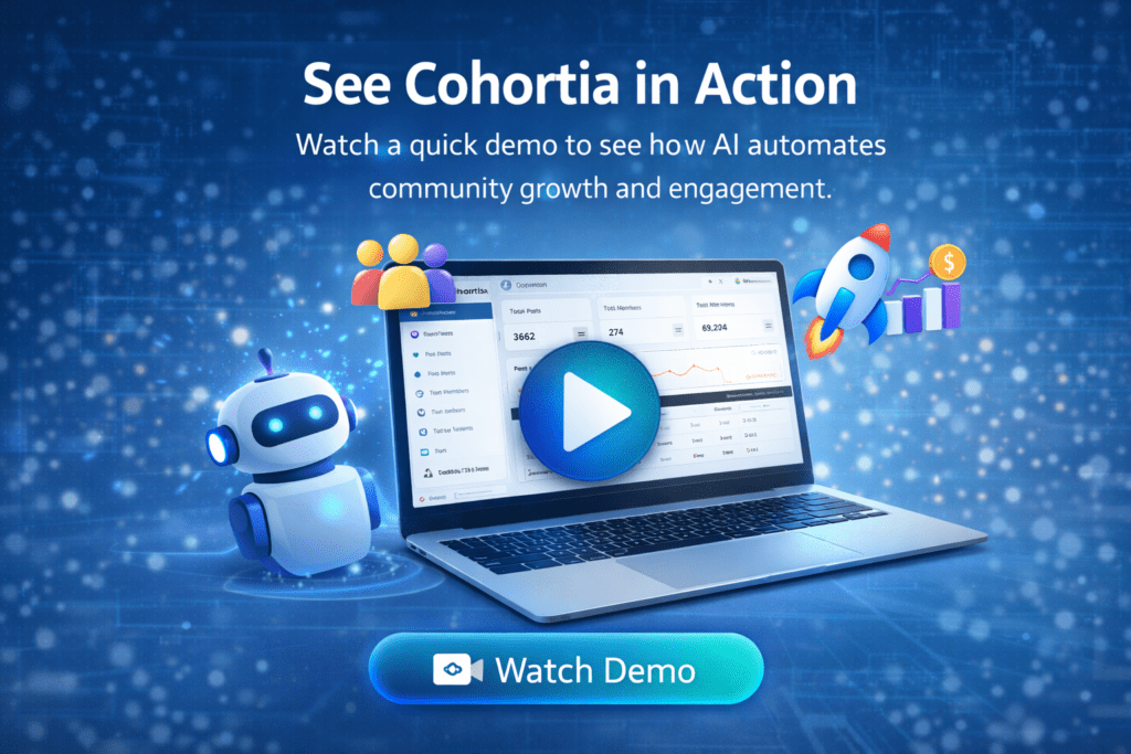 Demo preview showing how Cohortia automates community engagement with AI, virtual members, and real-time analytics