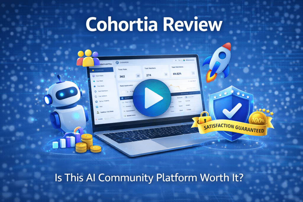 Visual overview of the Cohortia platform highlighting AI-driven community engagement, virtual members, and analytics