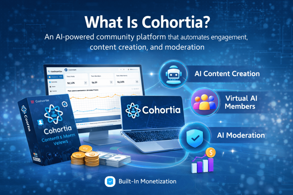 Illustration explaining what Cohortia is, showing AI-powered community engagement, virtual members, moderation, and monetization features
